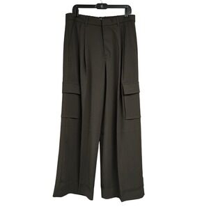 Gap 365 High Rise Trouser Pants Dark Olive Brown Cargo Wide Leg Pleated Size 14